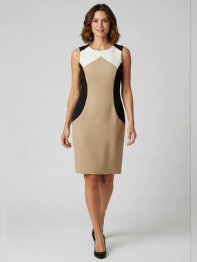 Classic DressBarn Colorblock Black Tan White Sheath Midi Dress Women's Size 8